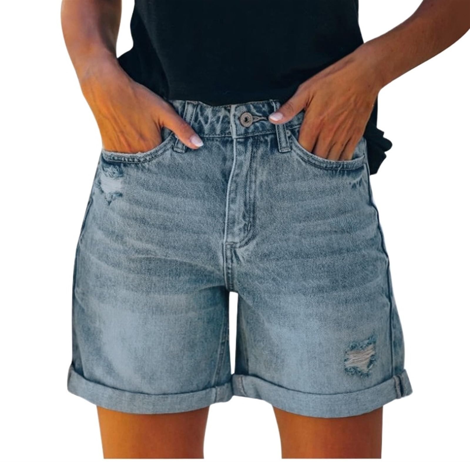 Fonma Women's Stretchy Wide Leg High Waisted Frayed Hem Long Jean Shorts Folded Hem Denim Shorts Blue 2XL
